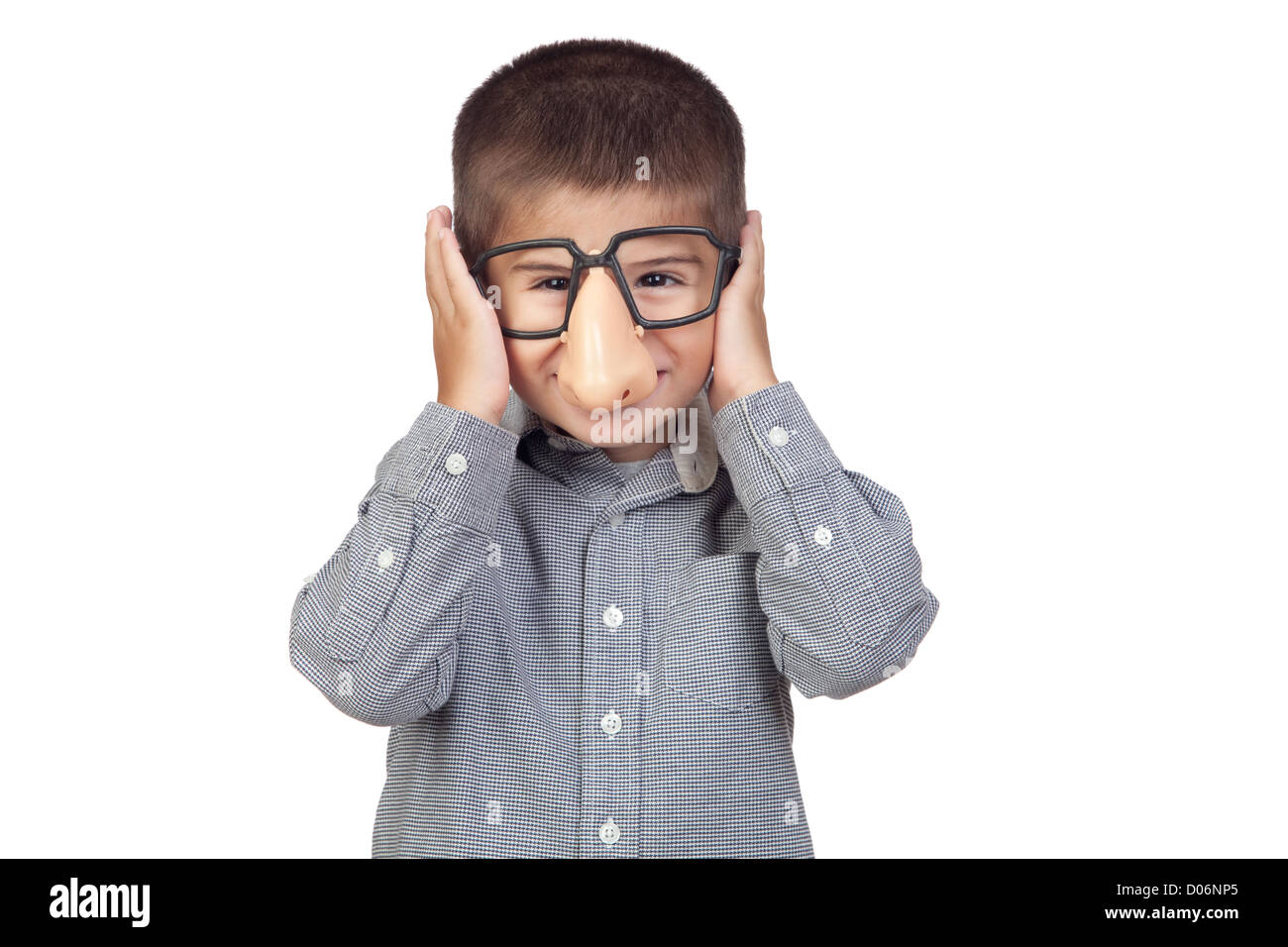 Funny baby with glasses and nose joke isolated on white background