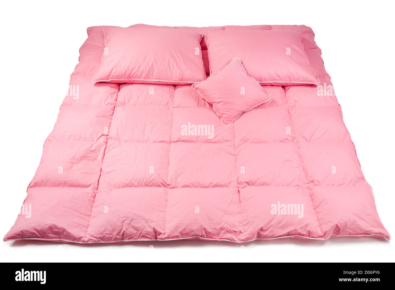 Pink Cotton Fluffy Three Pillows On Big Duvet Stock Photo