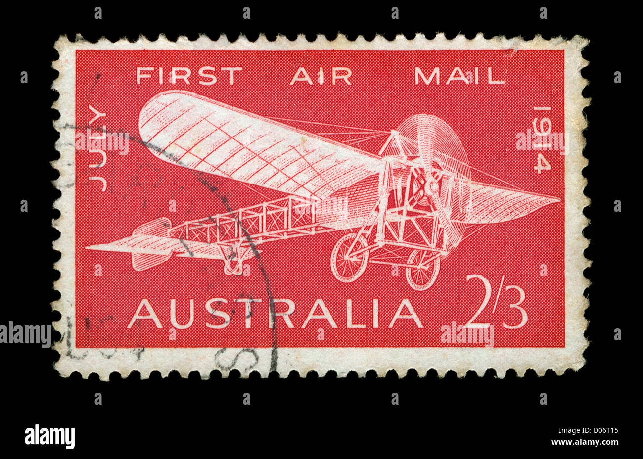 Vintage postage stamp with Bleriot monoplane illustration commemorating the 50th anniversary of the first air mail flight. Stock Photo