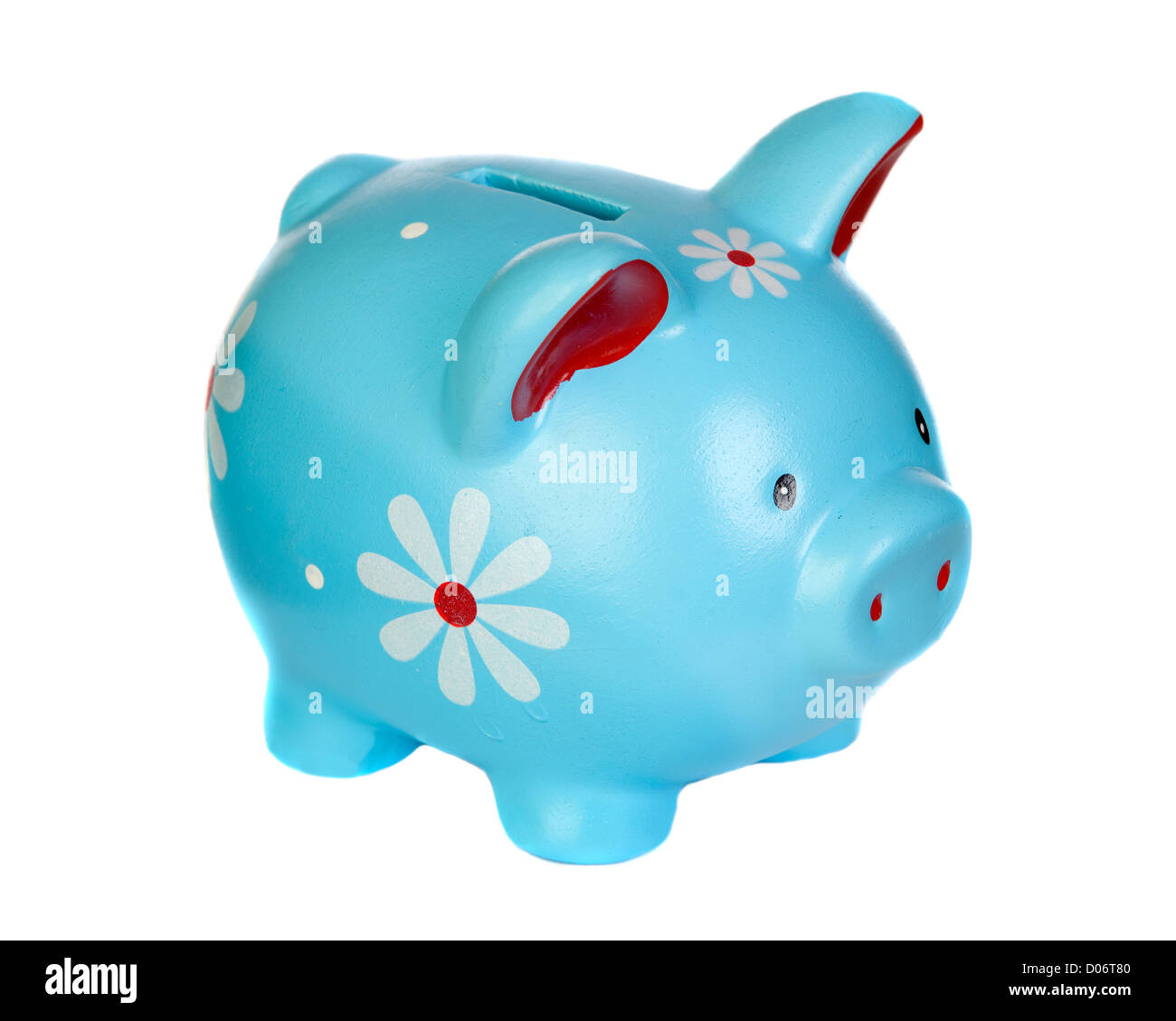 Blue piggy bank with flowers isolated on white background Stock Photo
