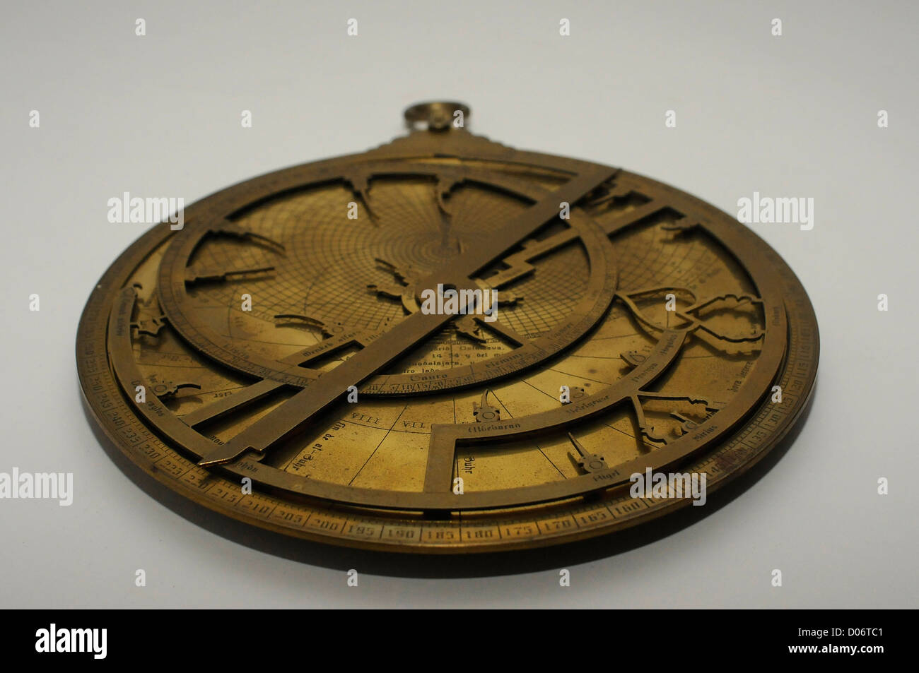 astrolabe is an instrument that have many functions: to calculate the position of the sun and stars, measure the heights .... Stock Photo