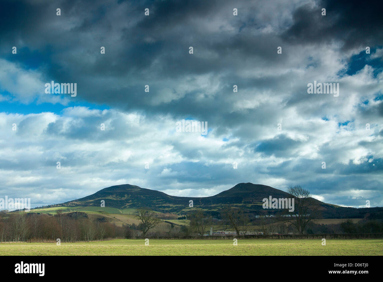 The Eildon Hills from Darnick near Melrose, Scottish Borders Stock
