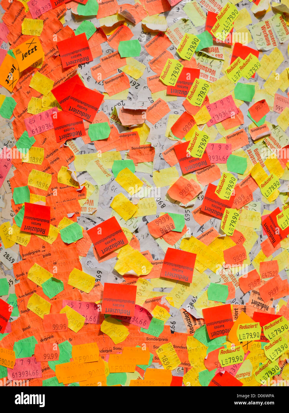 Hundreds of colourful price stickers forming a exhibit of modern art on the outside of a building in Hannover, Germany. Stock Photo