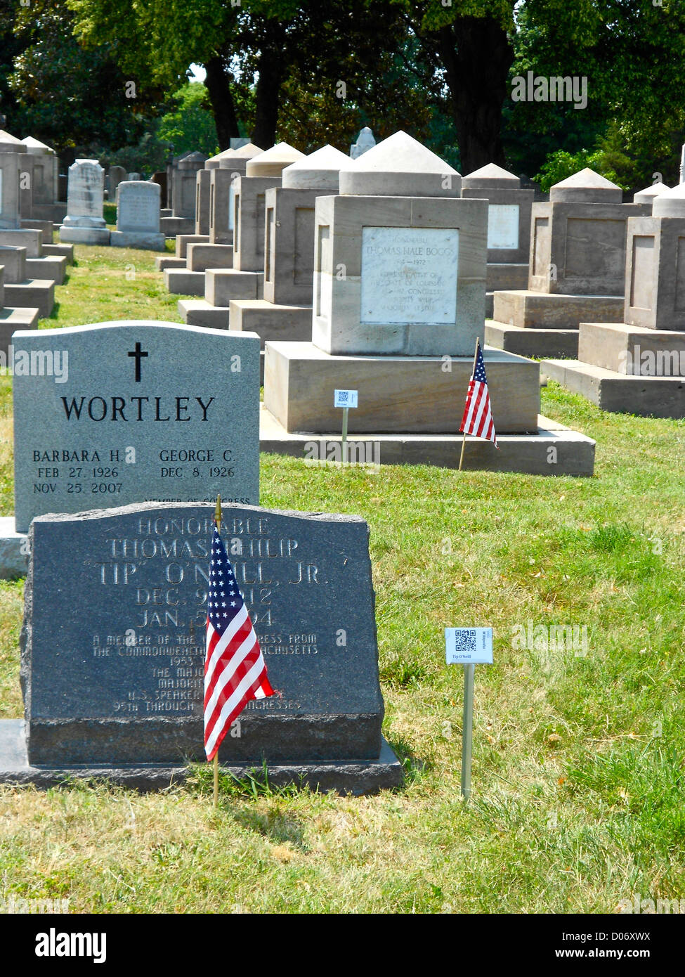 Cenotpahs of Congressional leaders, Tip O'Neill (front) and Hale Boggs (back - both marked by flags). Both are true cenotaphs (not graves). Stock Photo