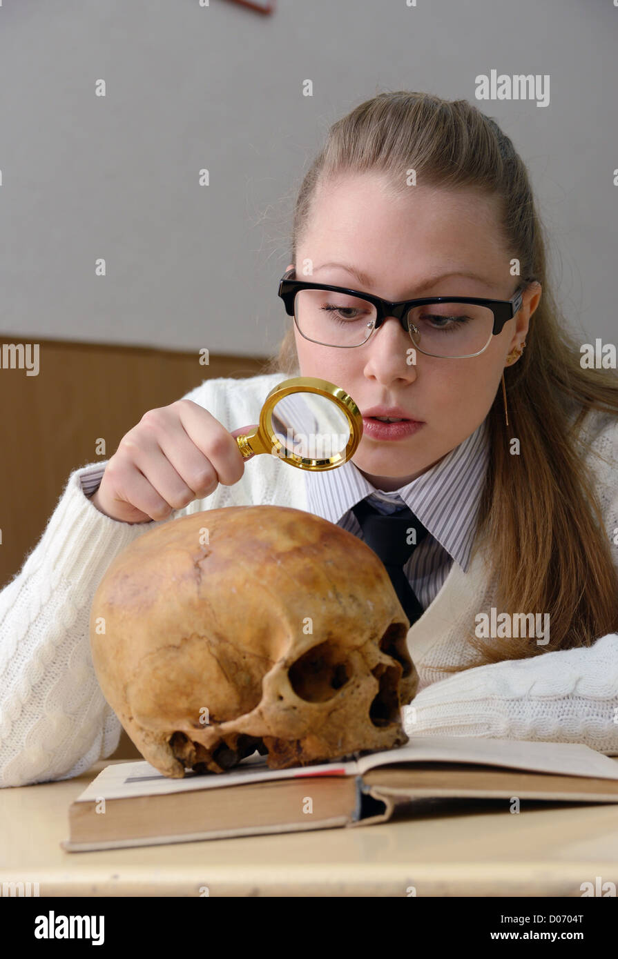 Woman examining a human skull Stock Photo