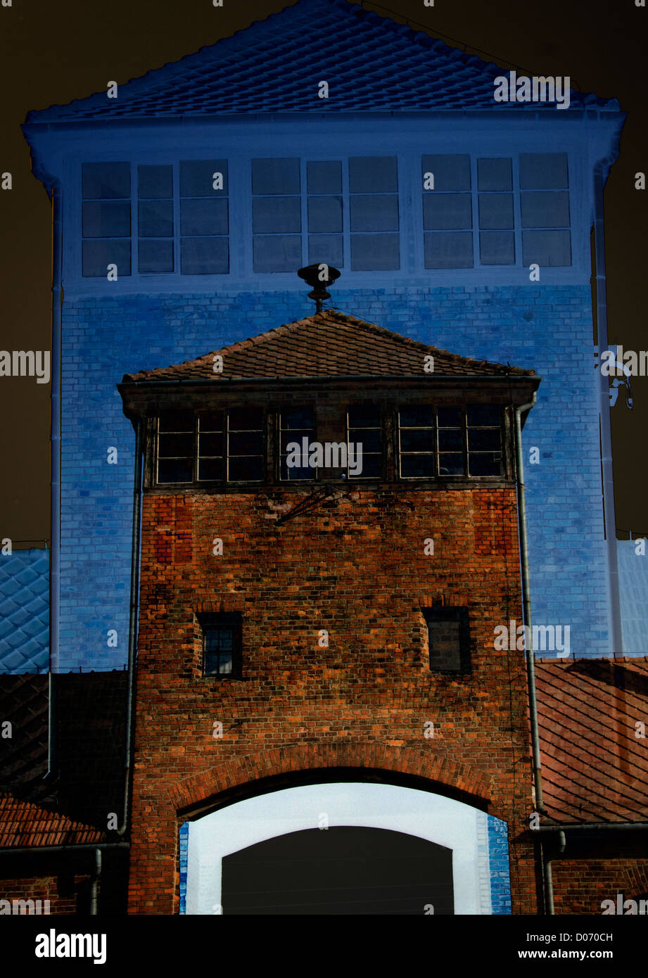 Auschwitz  Auschwitz-Birkenau Oswiecim Poland The Gate of Death presented as a composite montage Stock Photo