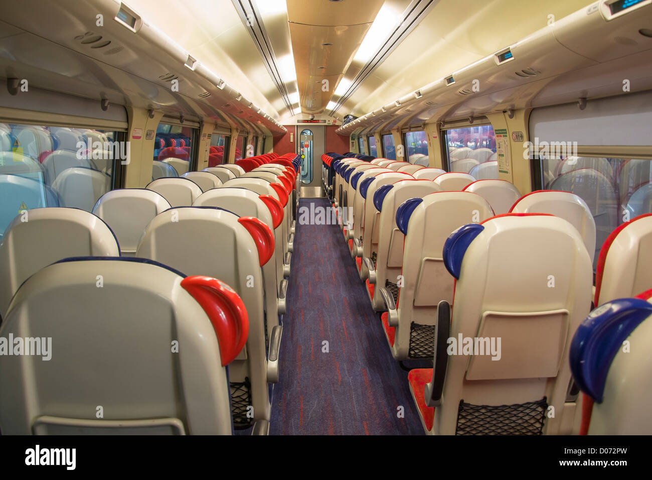 Empty seats on standard class carriage of a Virgin 'Super Voyager'  train running on the West Coast mainline, from Edinburgh. Stock Photo