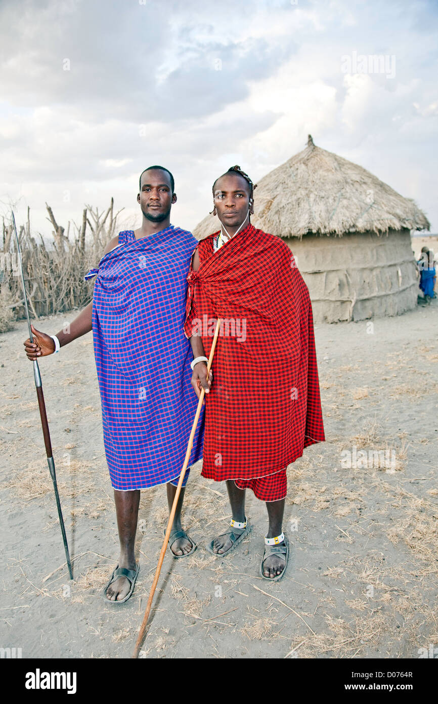 Two Maasai Worriers at Tanzania;East Africa;Africa;Authentic Cultural Village in Olpopongi;Maasai Men Worrier Stock Photo