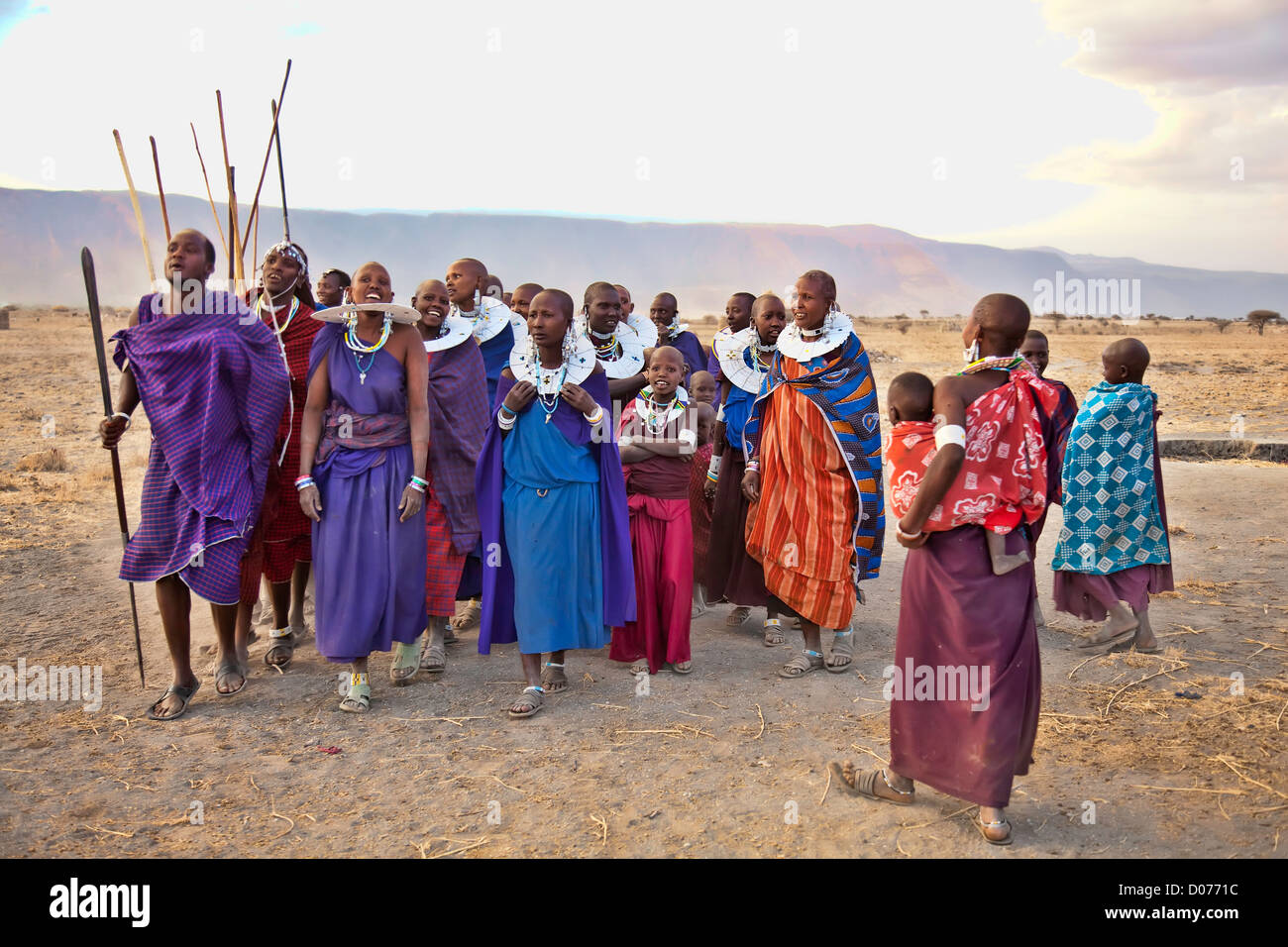A tribe of Maasai men and women in Tanzania;East Africa;Africa;Authentic Cultural Village in Olpopongi;Maasai Stock Photo