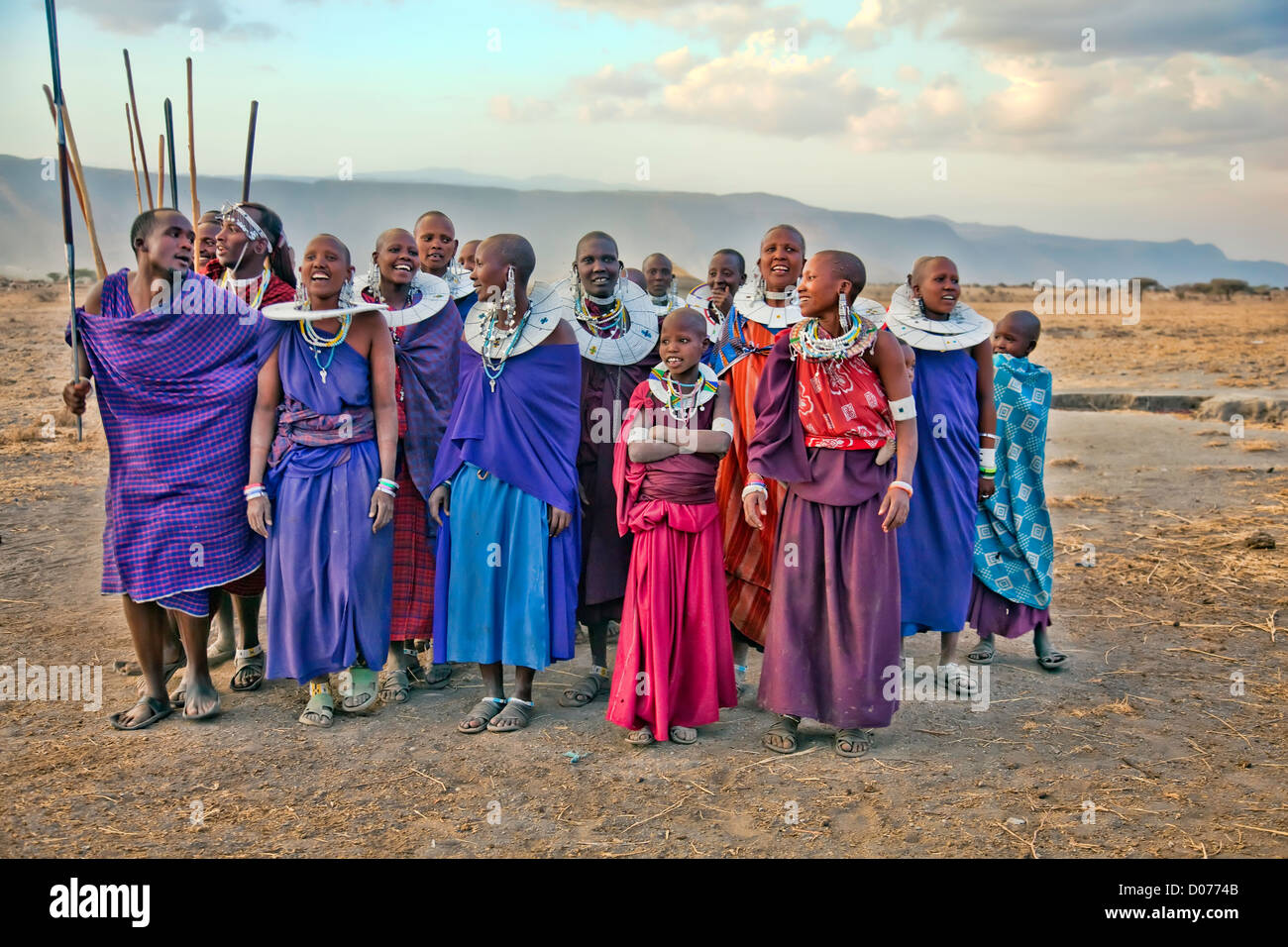 A group of Maasai Men and women are performing at Tanzania;East Africa;Africa;Authentic Cultural Village in Olpopongi;Maasai Stock Photo