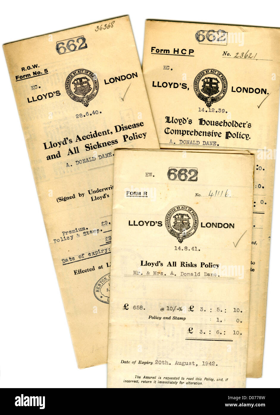 Old Lloyd's of London Wartime Insurance Policies from 1939-41