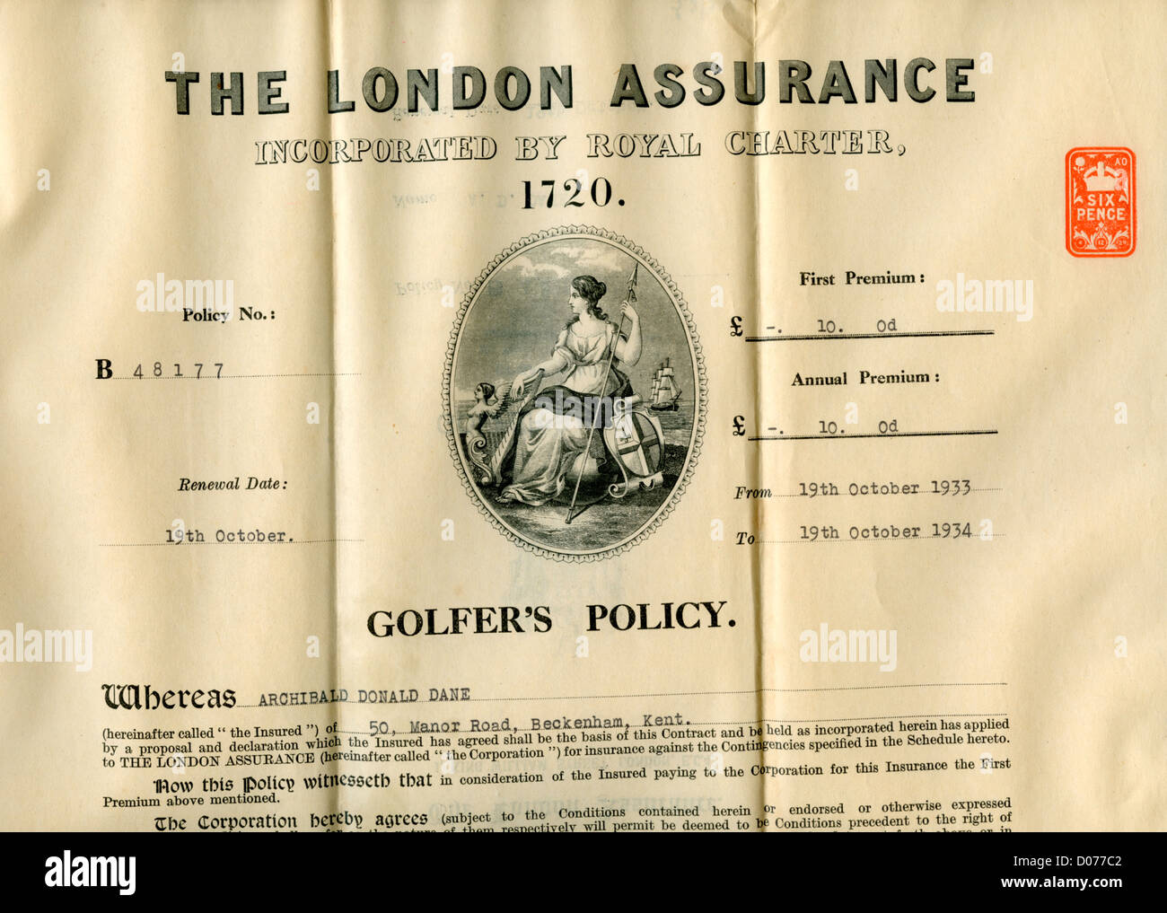 Golfer's insurance policy from 1933 Stock Photo Alamy