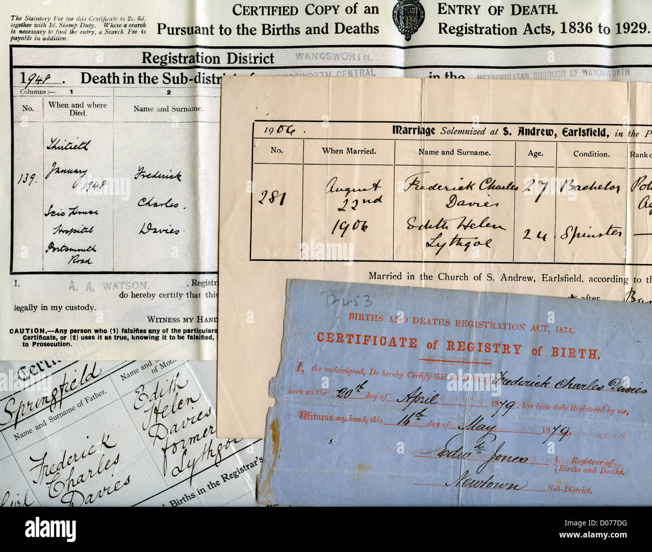 Birth, marriage and death certificates, all regarding Frederick Charles Davies Stock Photo