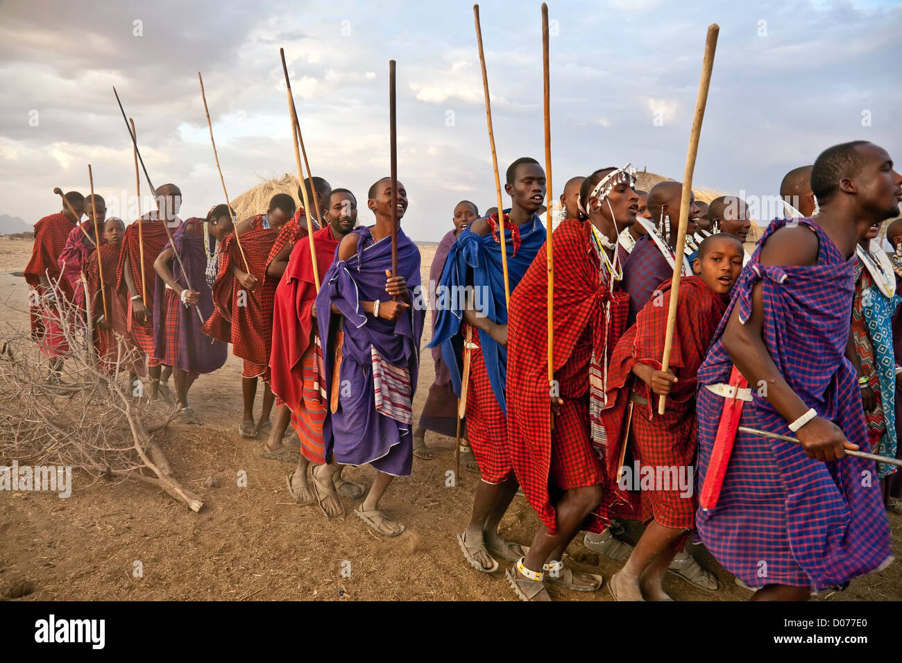 A group of Maasai men and women performing a dance at Tanzania;East Africa;Africa;Authentic Cultural Village; Olpopongi;Maasai Stock Photo