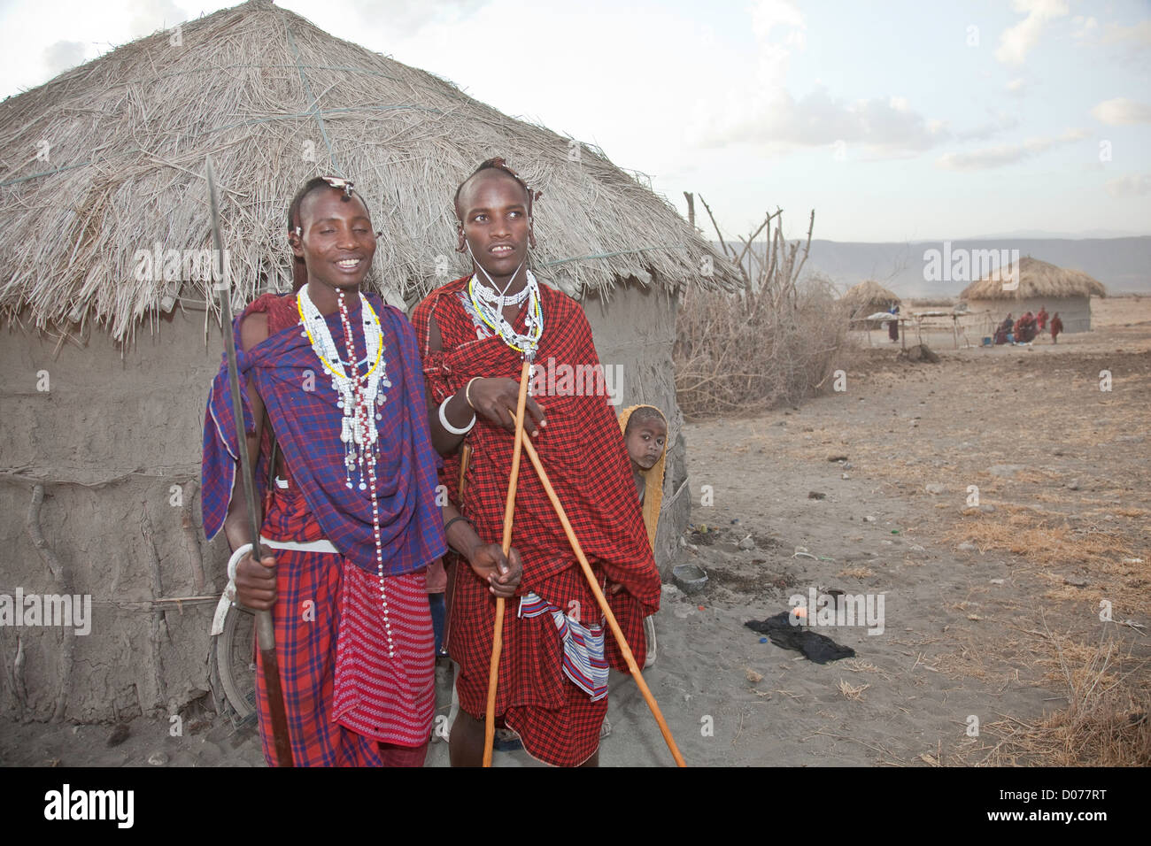 Two Maasai men-worriers at Tanzania;East Africa;Africa;Authentic Cultural Village in Olpopongi;Maasai Stock Photo