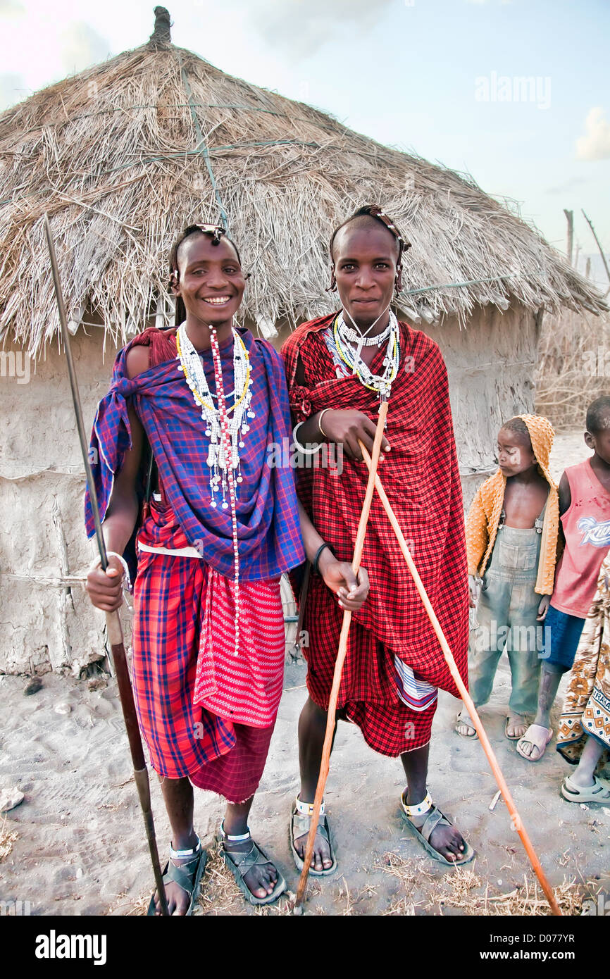 Two Maasai men-worriers at Tanzania;East Africa;Africa;Authentic Cultural Village in Olpopongi;Maasai Stock Photo