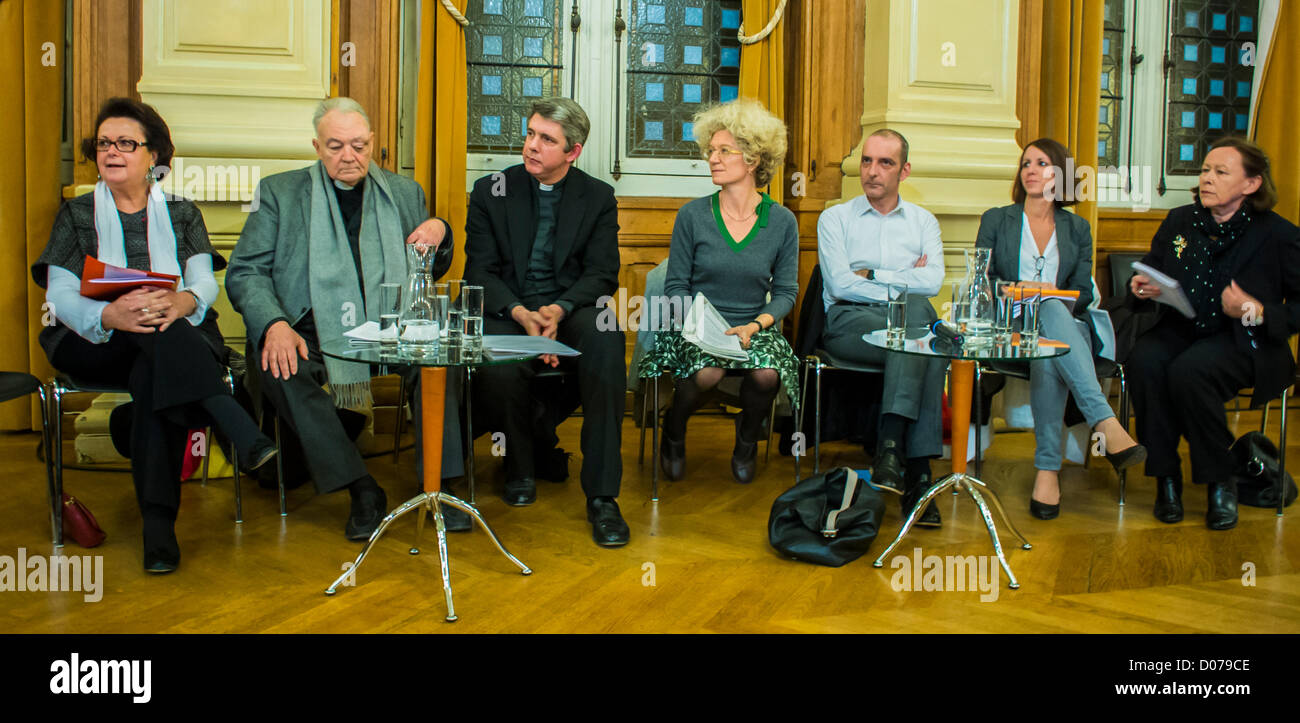 Paris, France, Gay Marriage, Public politicians debate with Christine BOutin, Monsigneur Jacquin, Pére Dupont-Fauville, Denis Quinqueton (HES). panel of speakers, Talking politics religion, religious meeting, women giving talk, french catholics Stock Photo