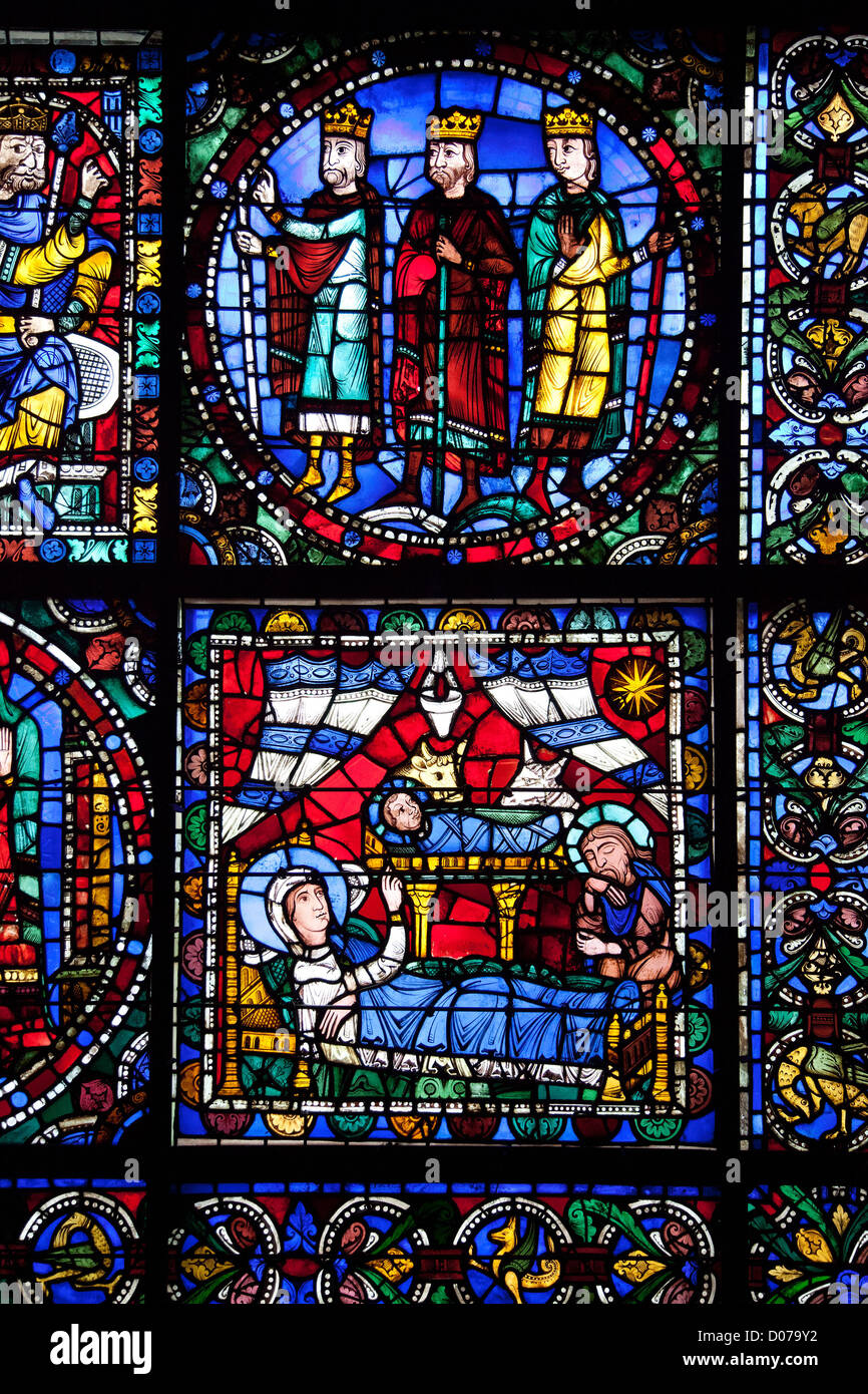 Chartres Nativity NATIVITY SCENE STAINED GLASS IN THE ROYAL DOOR CHARTRES CATHEDRAL EURE ...