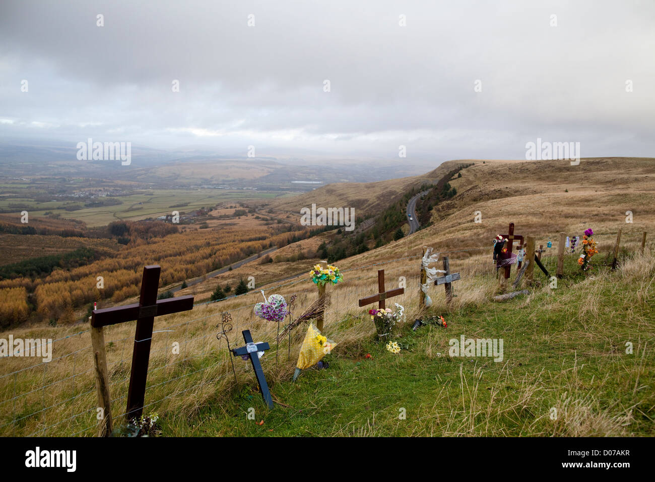 Miners tributes left on the hilltop, Craig y Llyn, northern region of the Rhondda Valley, South Wales, United Kingdom Stock Photo