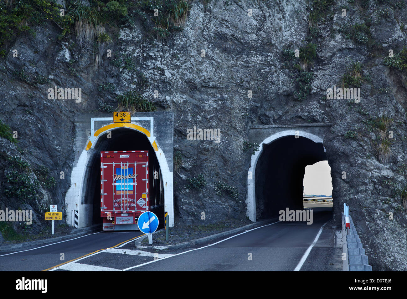 Road Tunnels and truck, Kaikoura Coastal Road, Marlborough, South Island, New Zealand Stock Photo