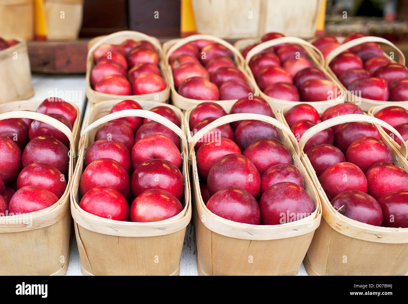 Red apples in baskets Stock Photo