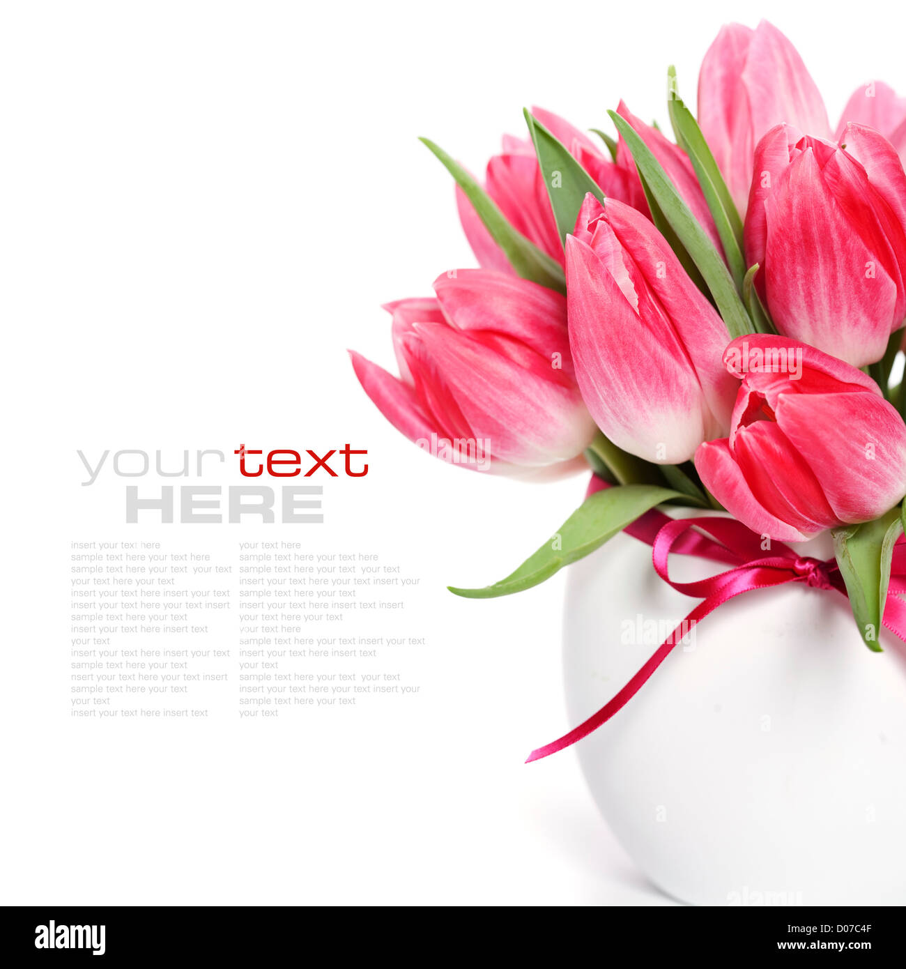 Beautiful pink tulips in a vase on a white background (with sample text ...