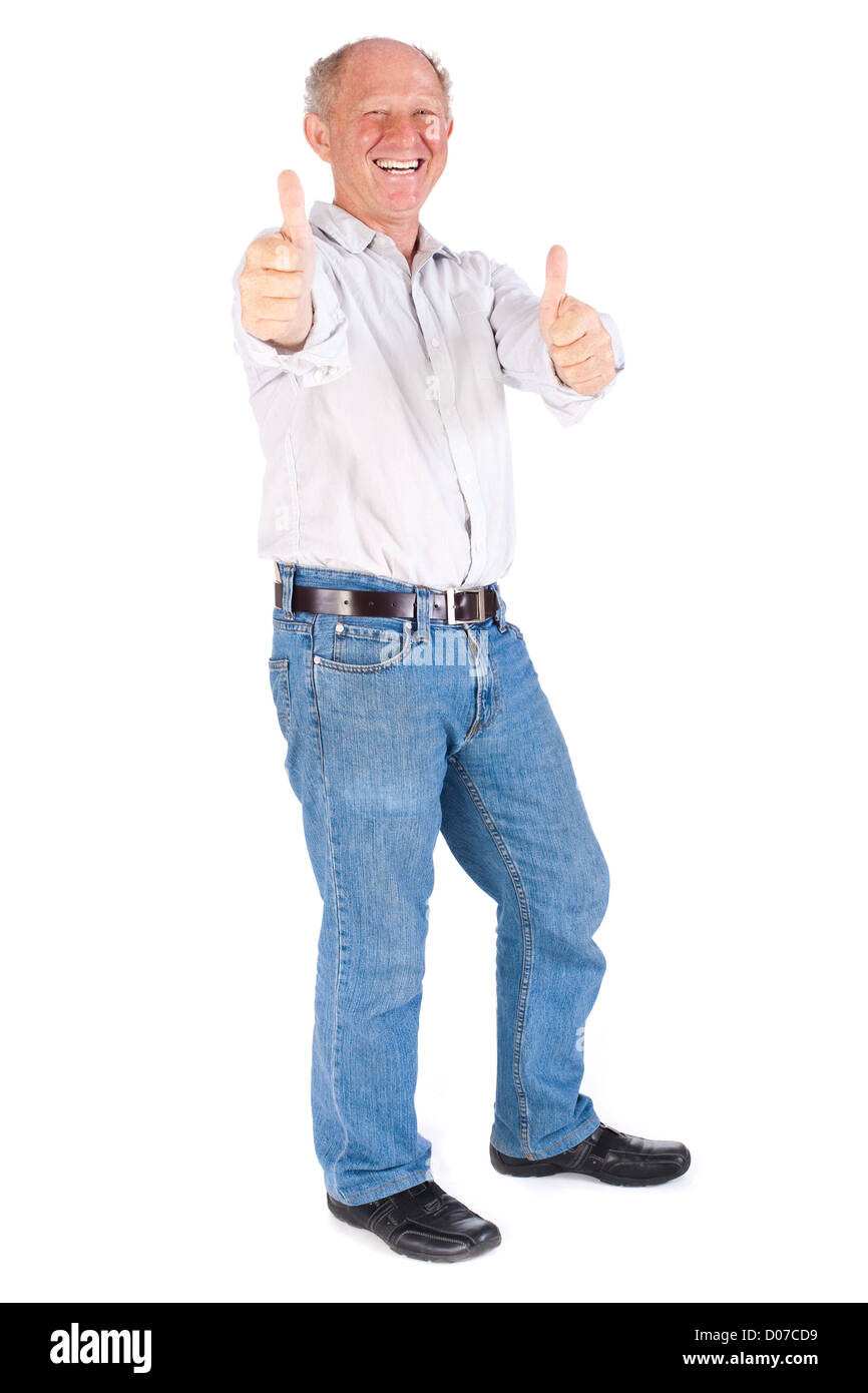 Old man showing thumbs up isolated on white background. Stock Photo
