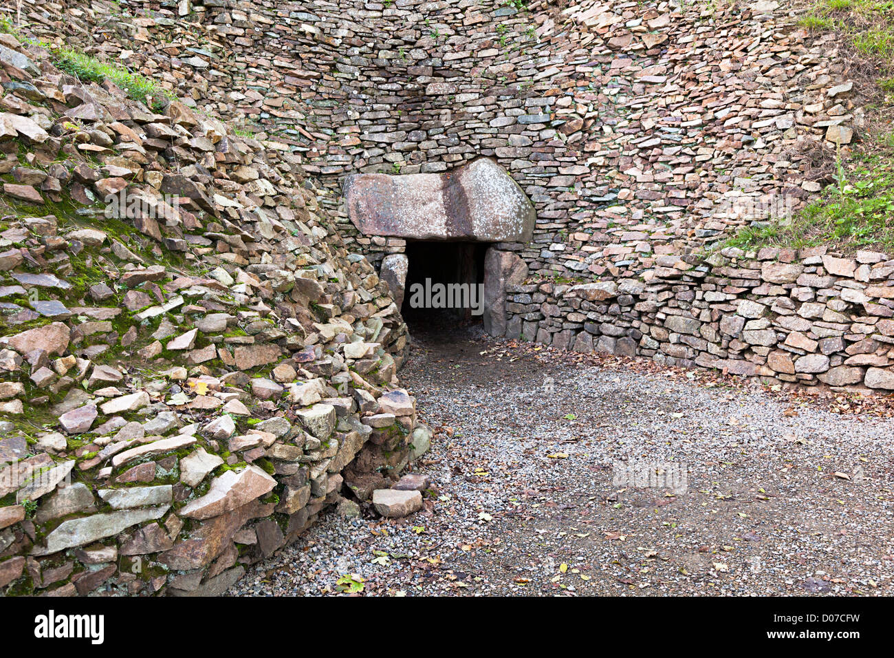 Entrance to the prehistoric burial mound of La Hougue Bie, Jersey, Channel Islands, UK Stock Photo