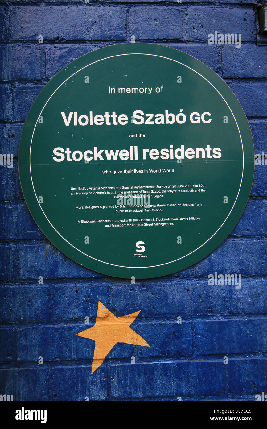 A plaque commemorating Violette Szabo and the Stockwell residents who gave their lives in World War II. Stock Photo