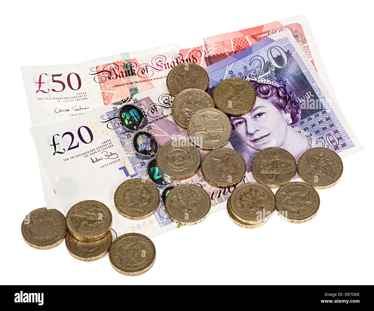 British sterling money with £50 and £20 banknotes and pound coins UK Stock Photo