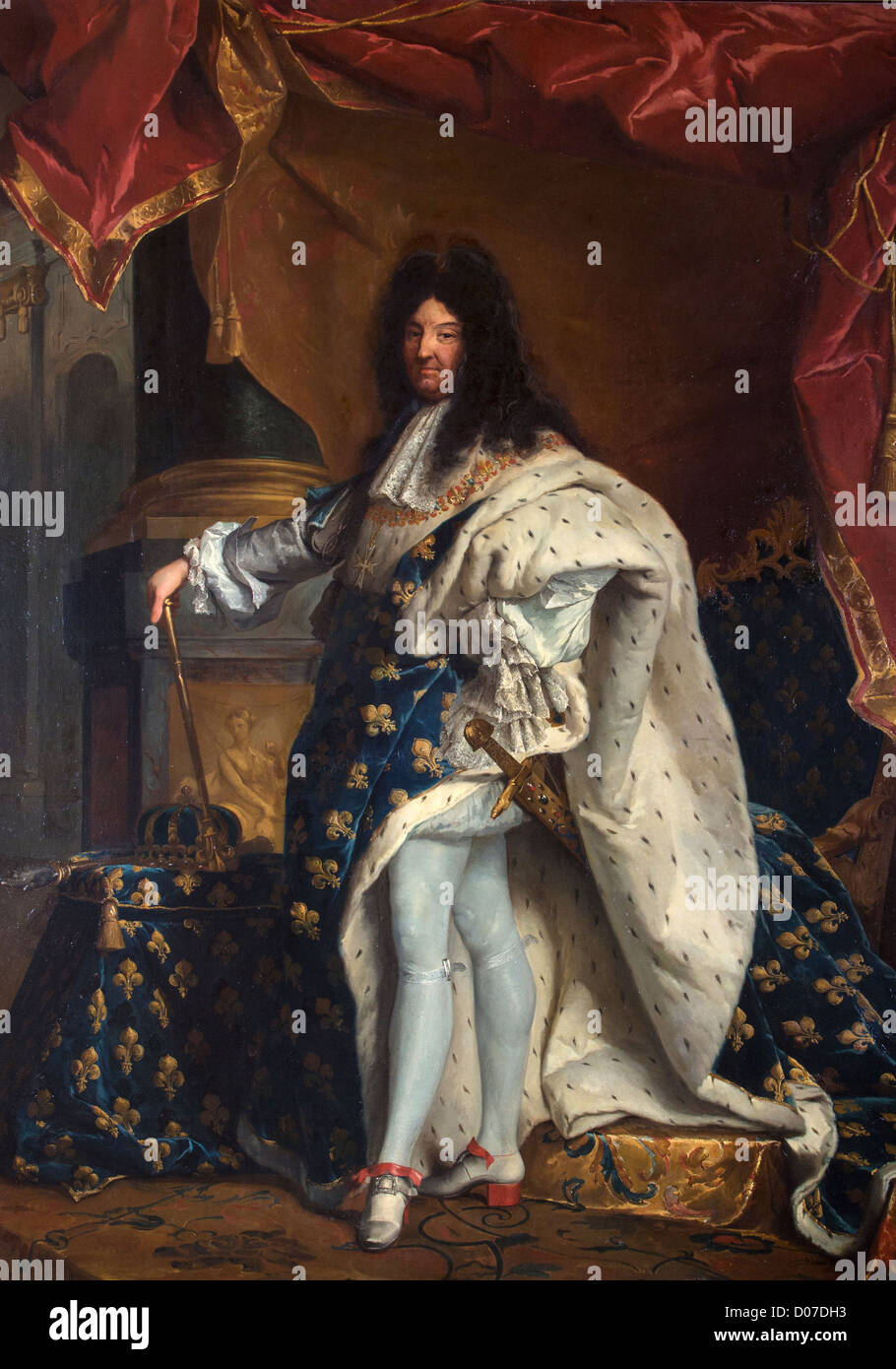 PORTRAIT LOUIS XIV (1638-1715) KING FRANCE IN CORONATION COSTUME FRAME COAT ARMS FRANCE NAVARRE PAINTING FROM 1867 BASED ON Stock Photo