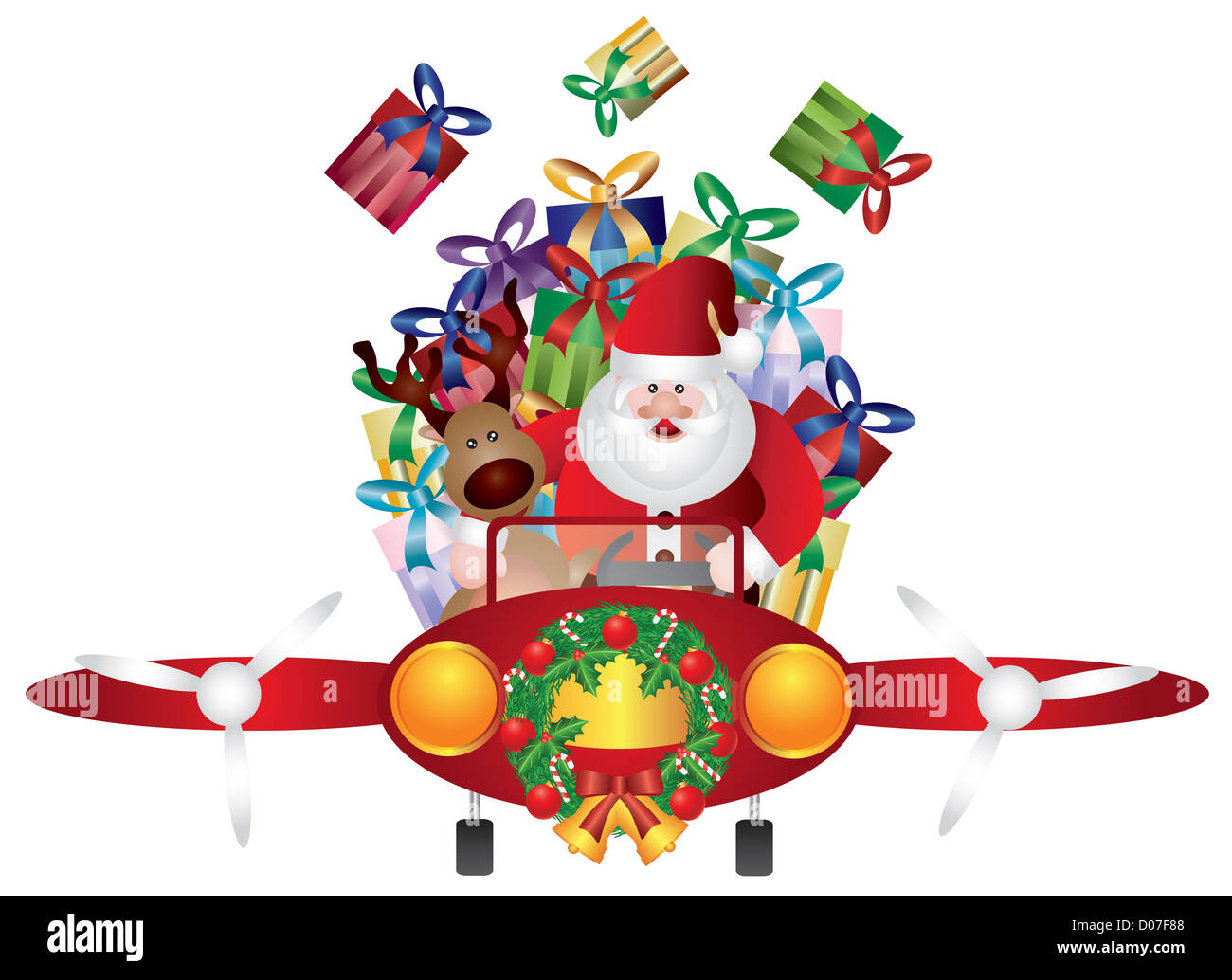 Santa Claus and Reindeer Fying in Vintage Classic Plane Isolated on White Background Illustration Stock