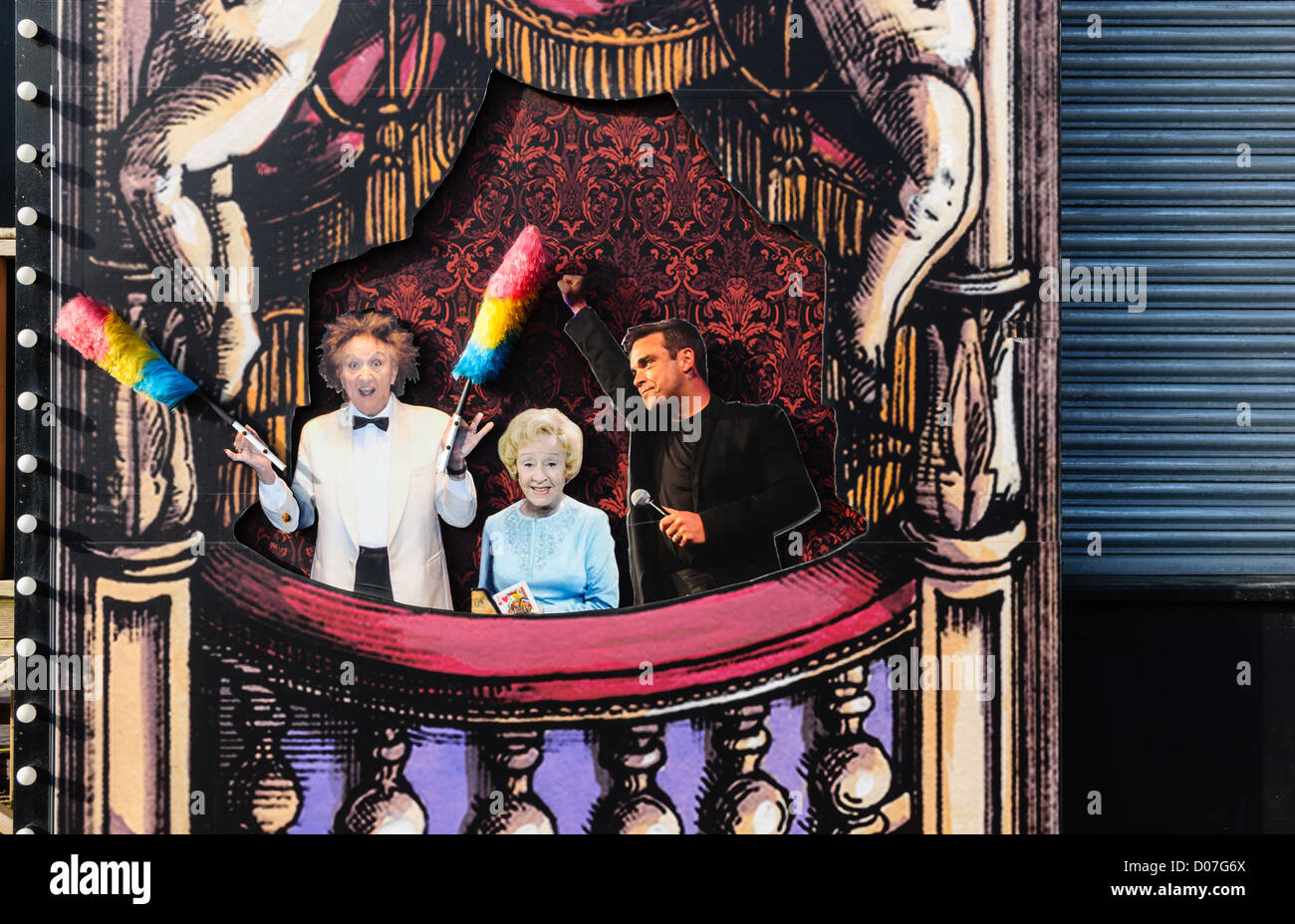 Blackpool, Lancashire, UK's top amusement and fun seaside resort - cut-outs of personalities on Theatre d'Amour. Stock Photo
