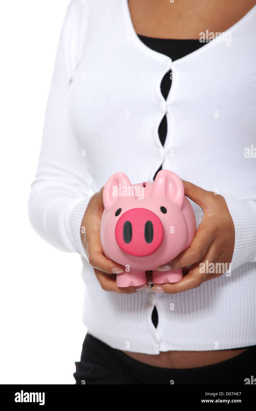 Pregnant woman holding piggy bank , isolated on white background Stock ...