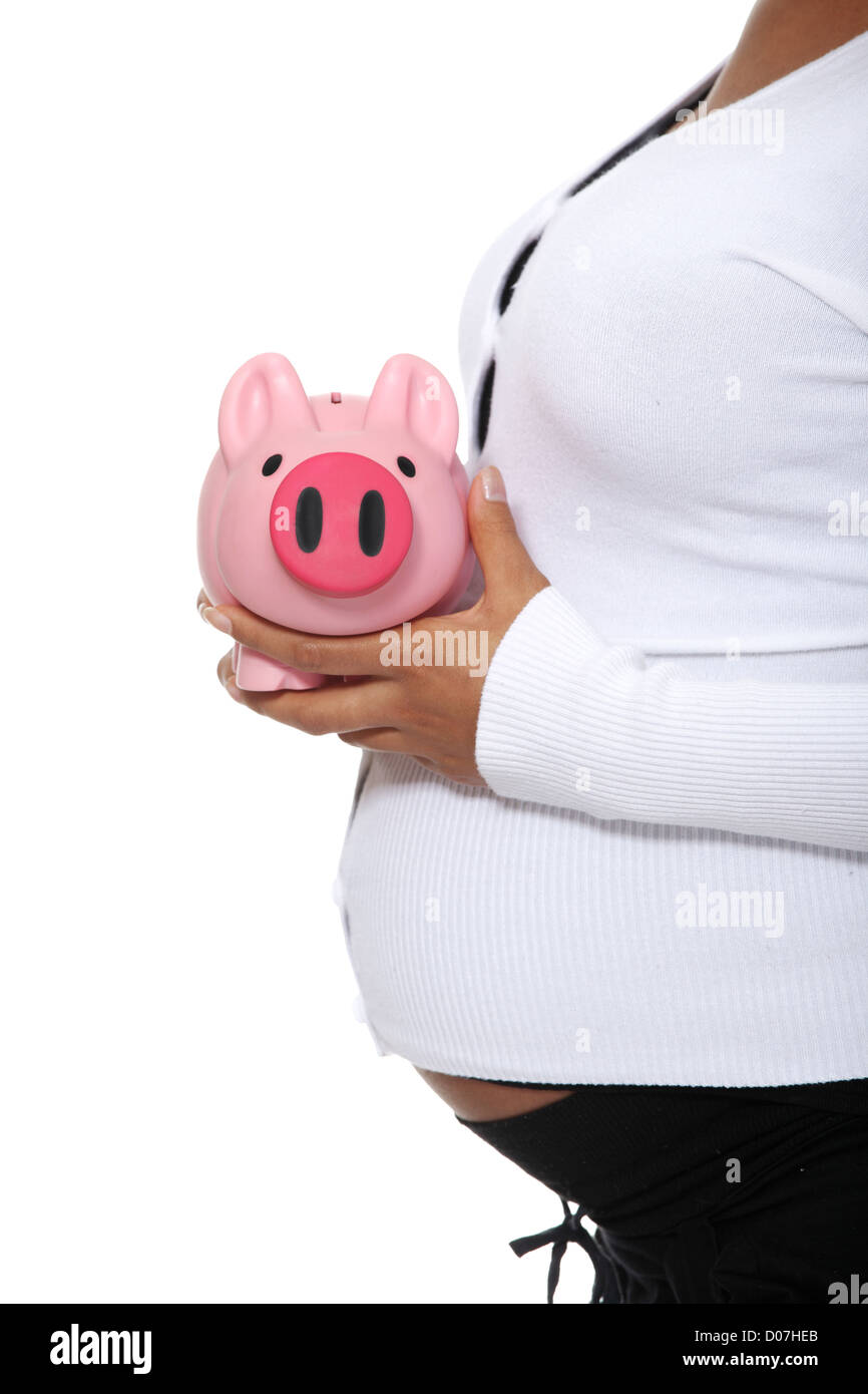 Pregnant woman holding piggy bank , isolated on white background Stock ...