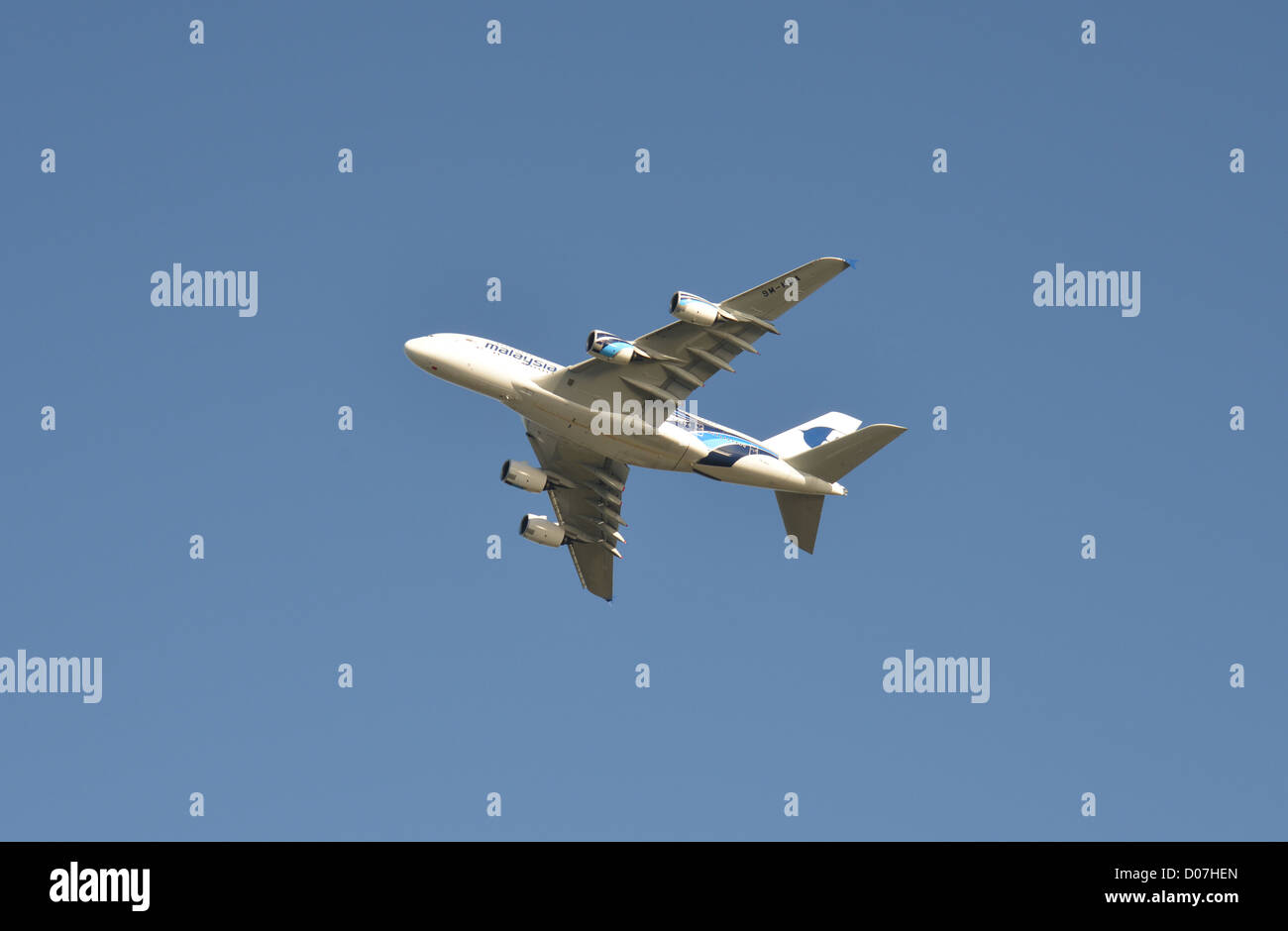 Malaysian Airlines Airbus A380 taking off from Heathrow Airport, Stanwell Moor, Surrey, England, United Kingdom Stock Photo