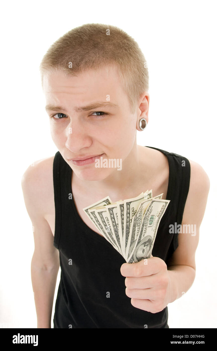 funny skinny teenager with a dollars isolated on white background Stock Photo