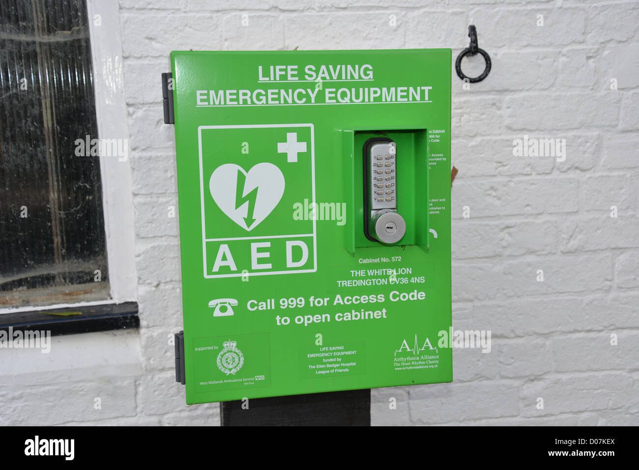 An automated external defibrillator (AED) live saving emergency equipment, Tredington, Warwickshire, England, United Kingdom Stock Photo
