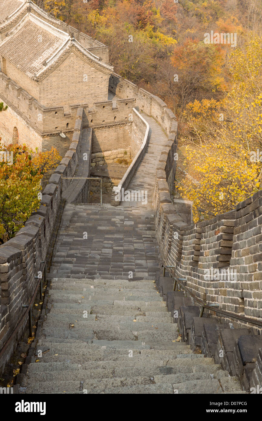Downward large staircase leading to big building on the Great Wall in China Stock Photo