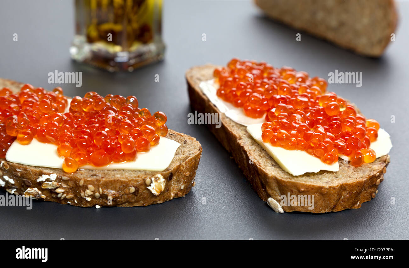 Sandwiches With Red Caviar Stock Photo