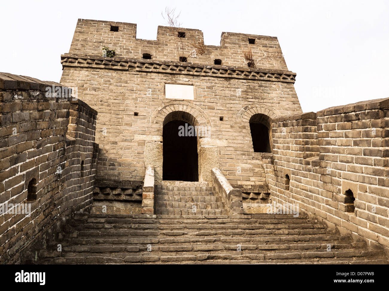 Close up view of the Great Wall in China with sky in background Stock Photo