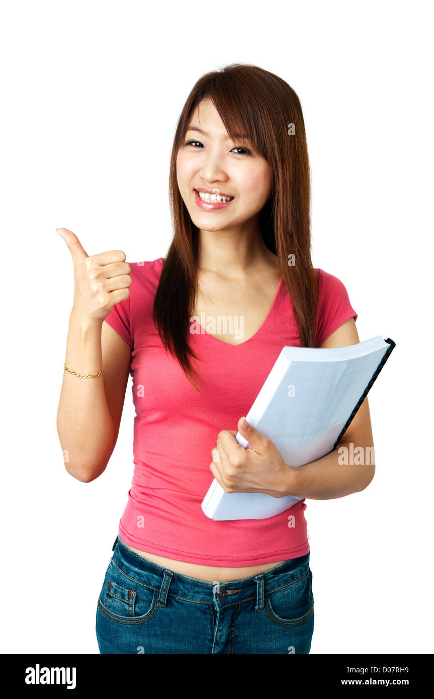 Female student thumbs up with great smile Stock Photo - Alamy