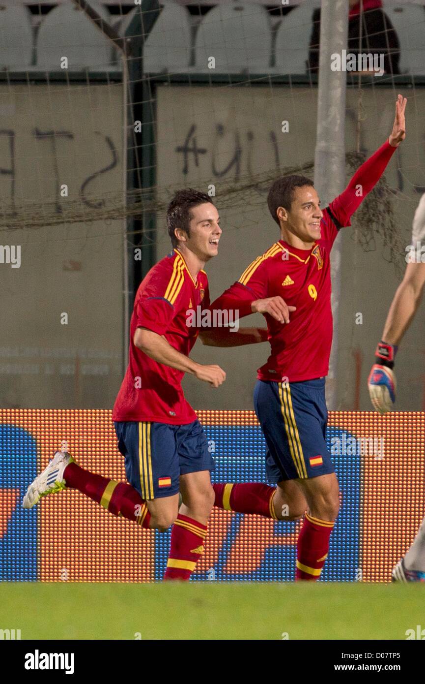 (L-R) Pablo Sarabia, Rodrigo Moreno Machado (ESP), NOVEMBER 13, 2012 - Football / Soccer : Rodrigo Moreno Machado of Spain celebrates scoring his side first goal during the International friendly match between Italy 1-3 Spain at Artemio Franchi Montepaschi Arena in Siena, Italy. (Photo by Maurizio Borsari/AFLO) [0855] Stock Photo