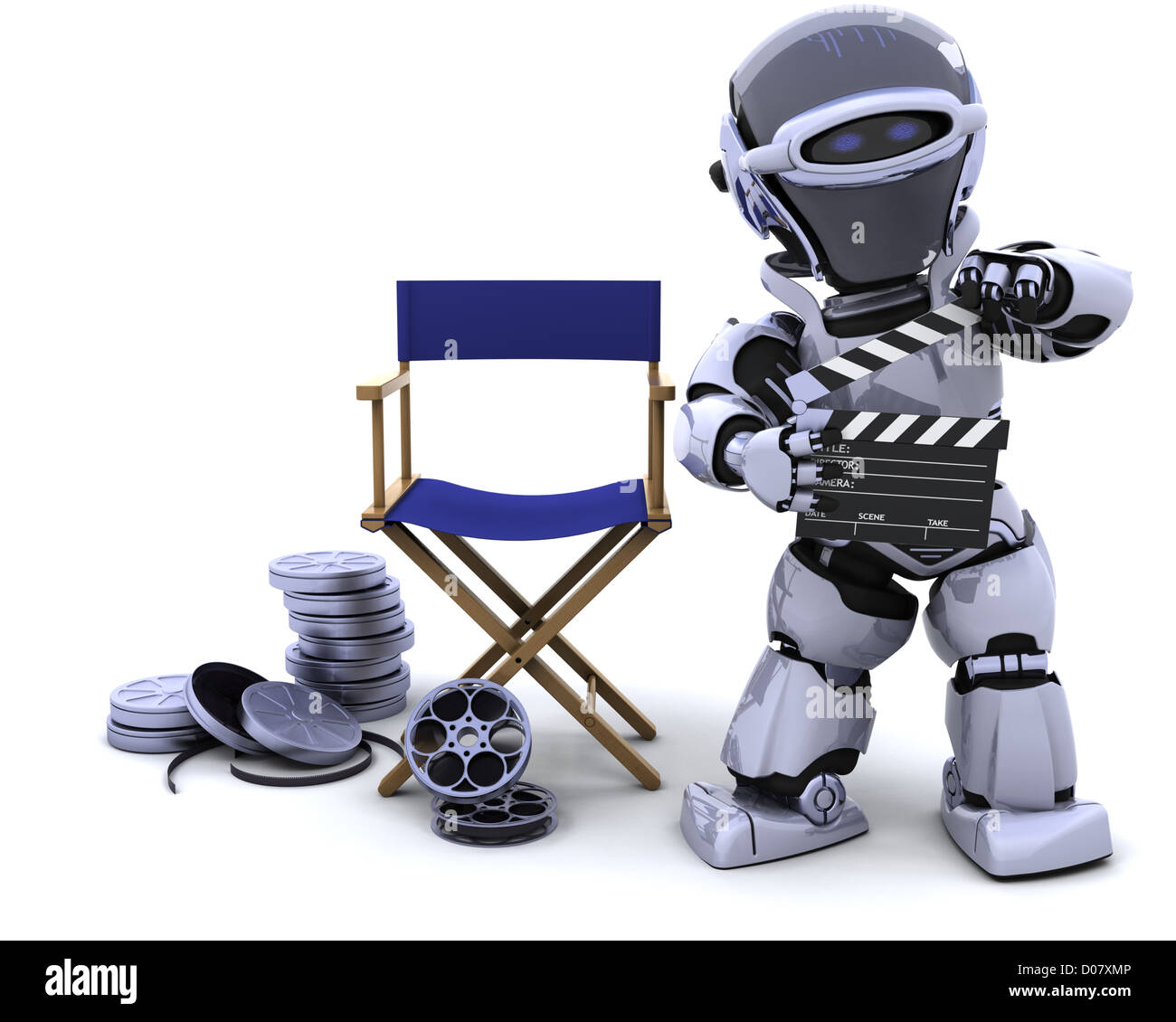 3D render of robot with clapper boards and film reels Stock Photo