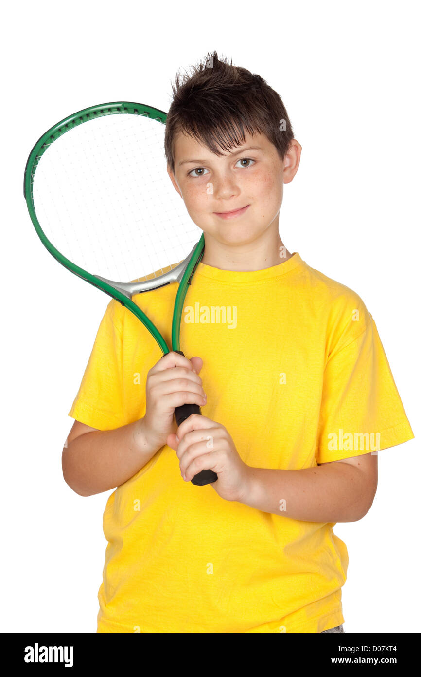 Adorable child with a tennis racket isolated on a over white Stock ...