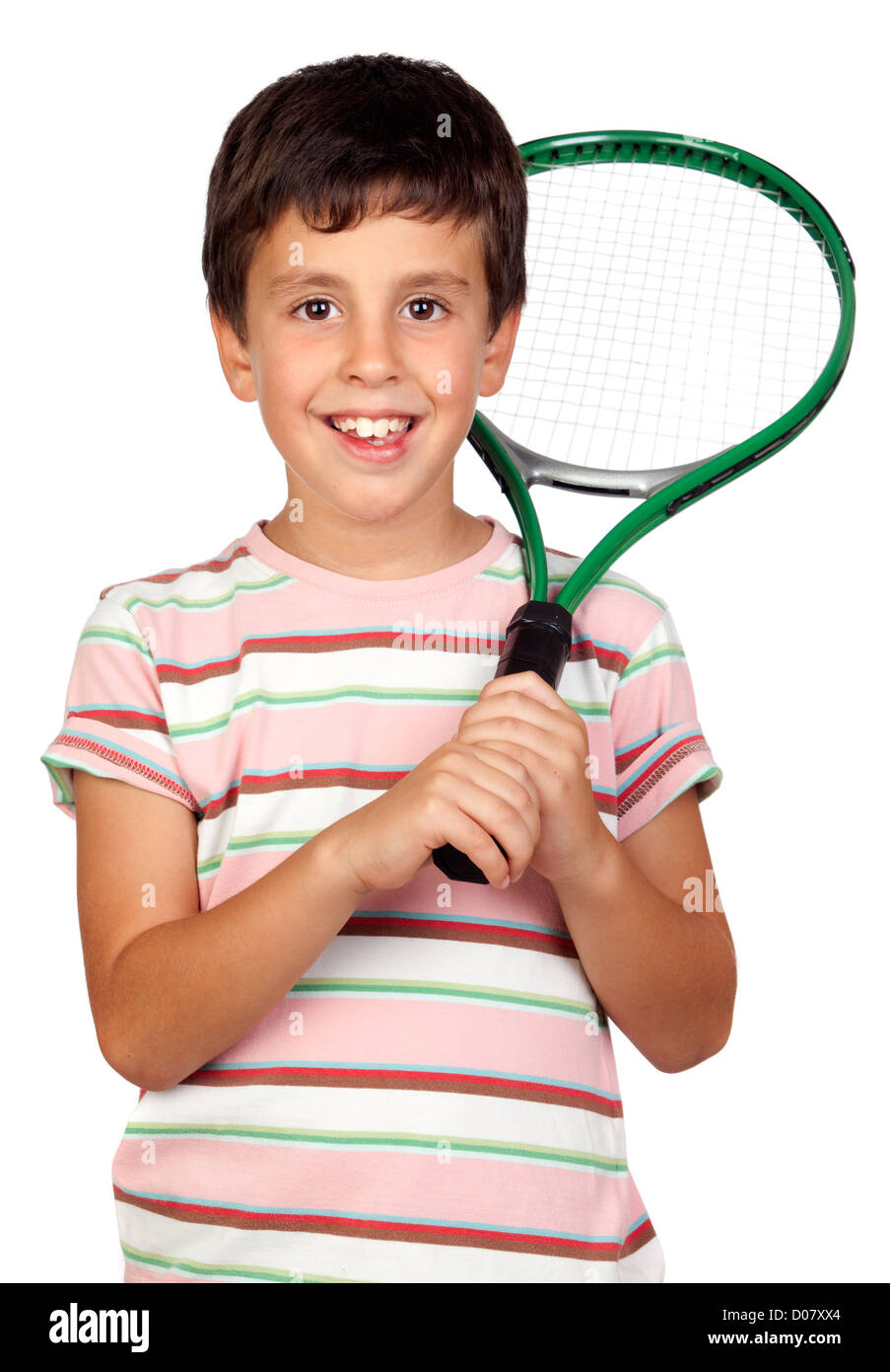Adorable child with a tennis racket isolated on a over white Stock ...