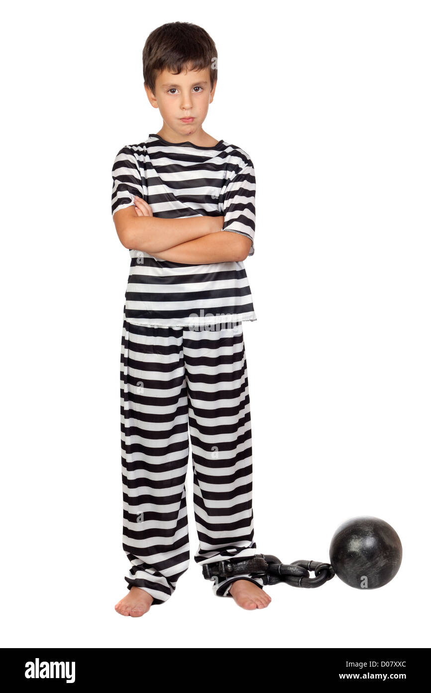 Sad child with prisoner ball isolated on white background Stock Photo