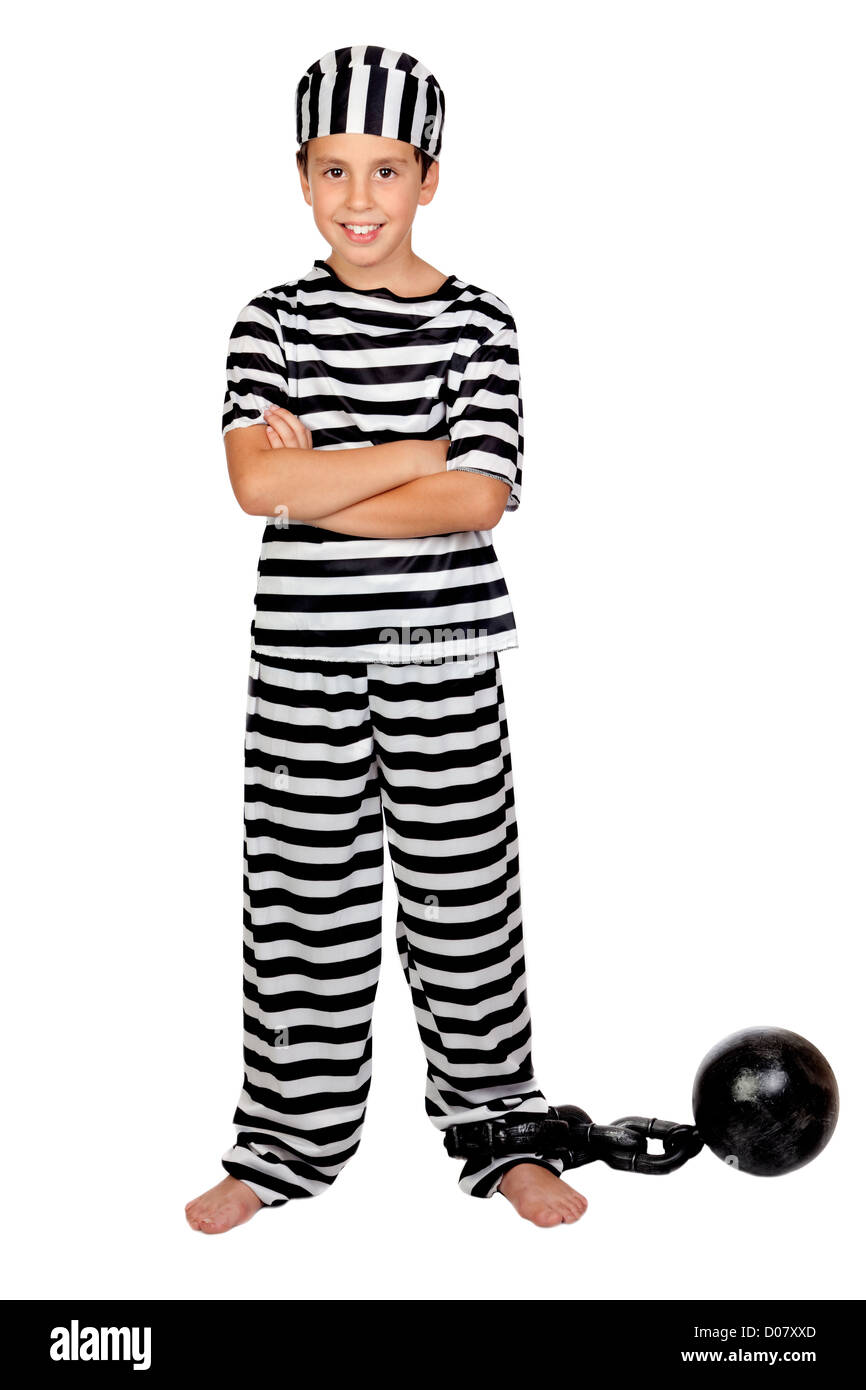 Adorable child with prisoner ball isolated on white background Stock Photo