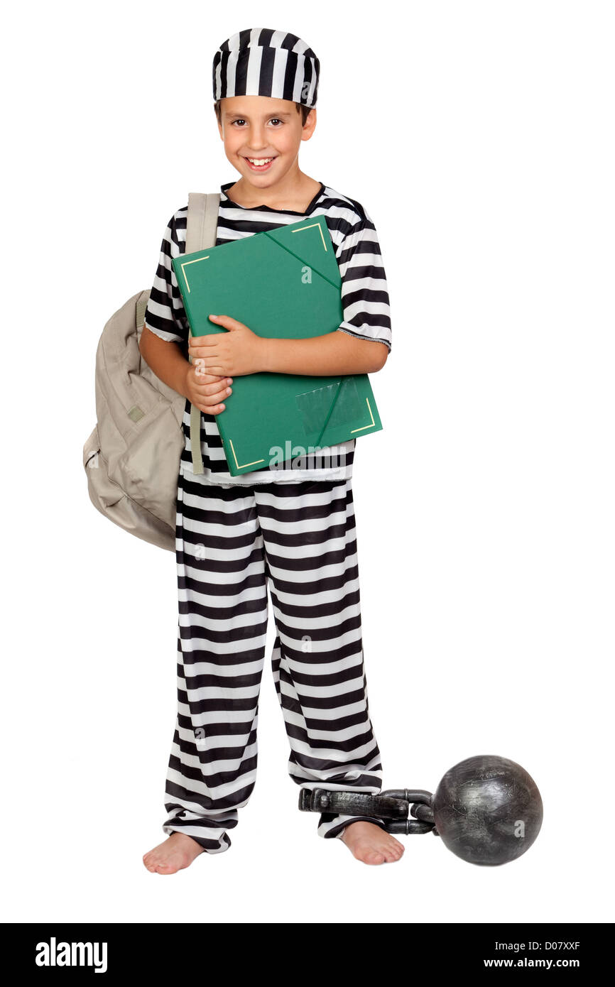 Student child with prisoner costume isolated on white background Stock Photo