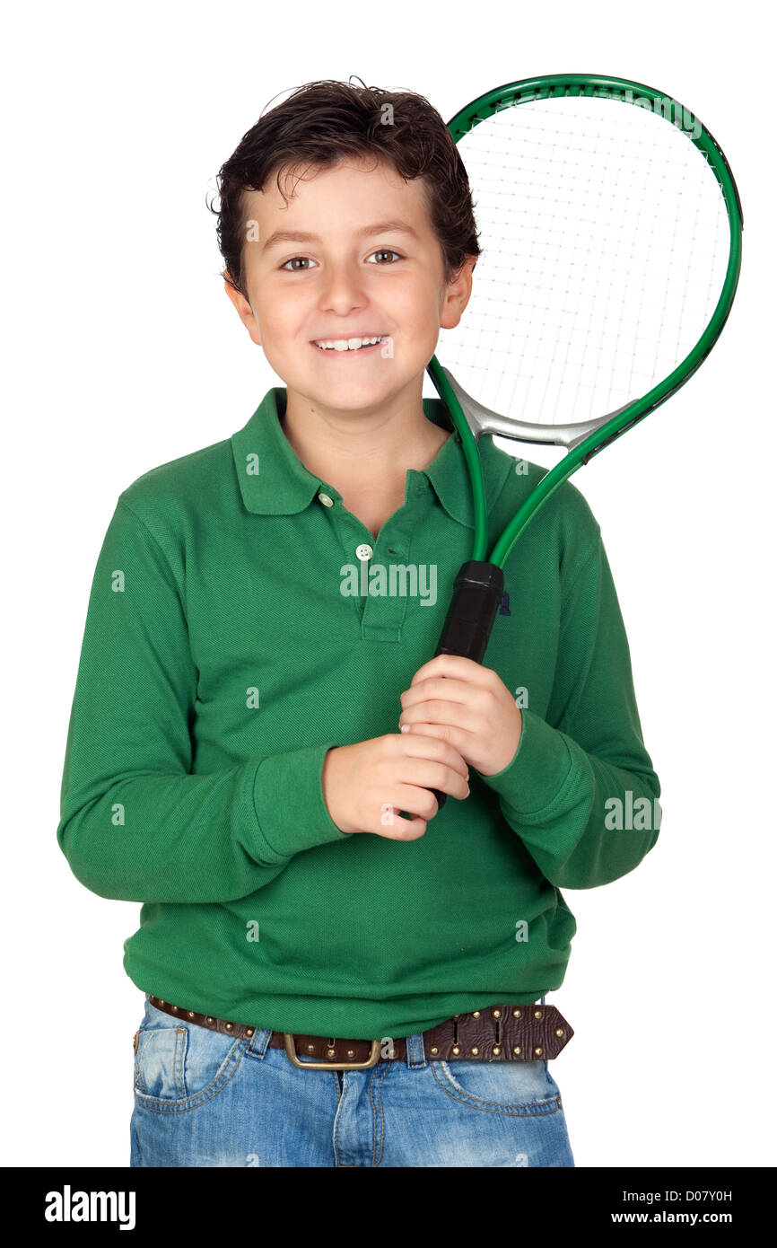 Adorable child with a tennis racket isolated on a over white Stock ...